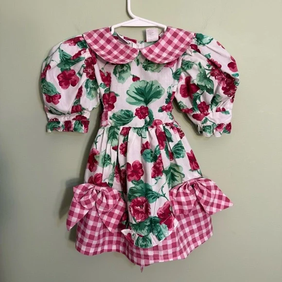 Little Precious Floral and Gingham Puff Sleeve Dress bows vintage size 3T girls - Picture 6 of 13